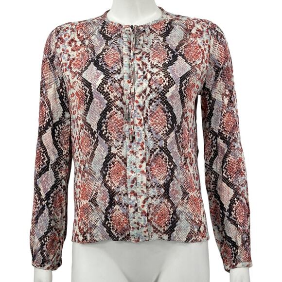 Lovers + Friends Top Womens Small Red Cream Snake Print Tie Neck Artsy Mob Wife - Picture 1 of 9